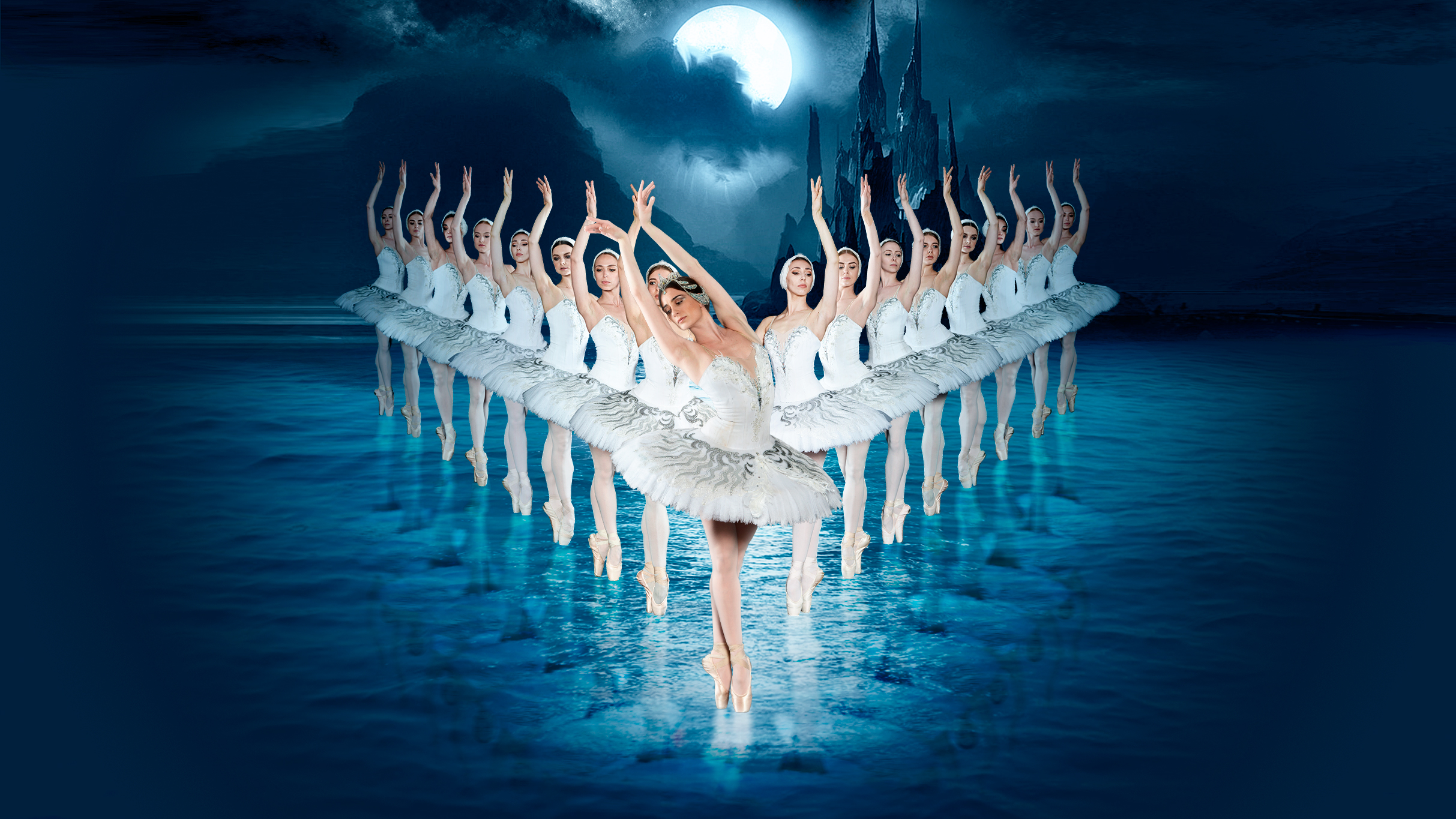 Swan Lake photo, dancers lined up in a V formation.