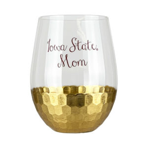 Gold and White "Iowa State mom" wine glass from Iowa State University Bookstore's Cyclone Family collection. 