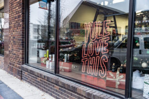 A storefront in downtown Ames decorated for the holidays.