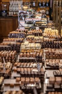 An aerial view of the fine chocolates at Chocolaterie Stam. 