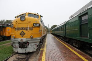 One of Boone and Scenic Valley Railroad's trains on a rainy day. 