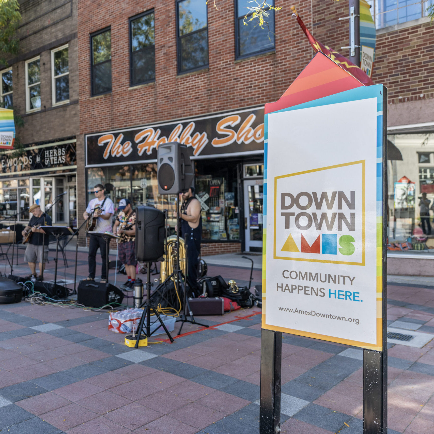A live band playing on Main Street in downtown Ames.