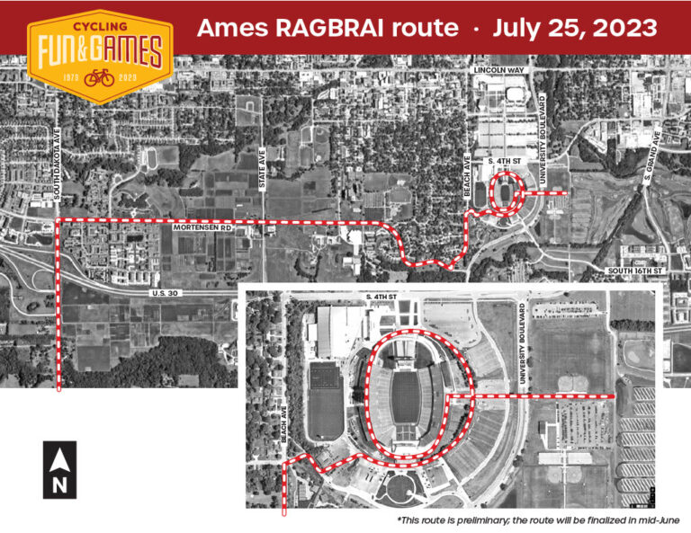 map showing the RAGBRAI route through Ames