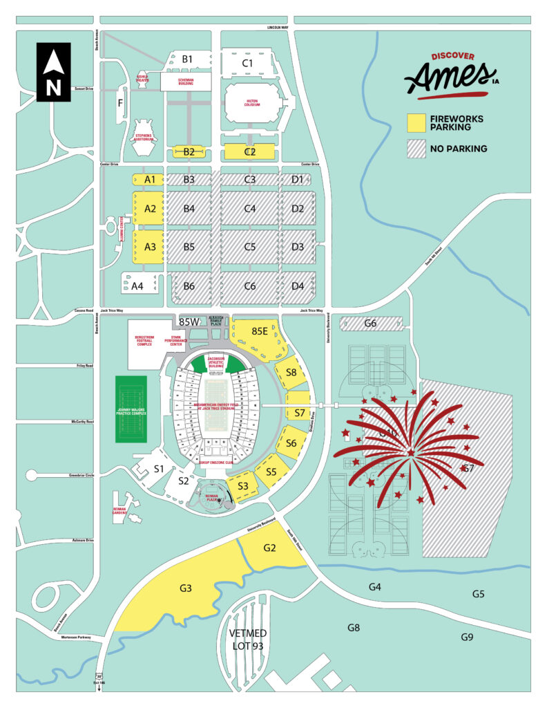 Ames community fireworks parking map. Lots available for parking include G2, G3, A1, A2, A3, B2, C2, S3, S5, S6, S7, S8, and 85E.