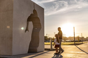Jack Trice "Breaking barriers" Sculpture during sunrise
